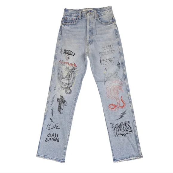 MOTHER Tippy Top Frisky Ankle Metal Master Graphic High Rise Punk Size 26 J1828 - Picture 5 of 11